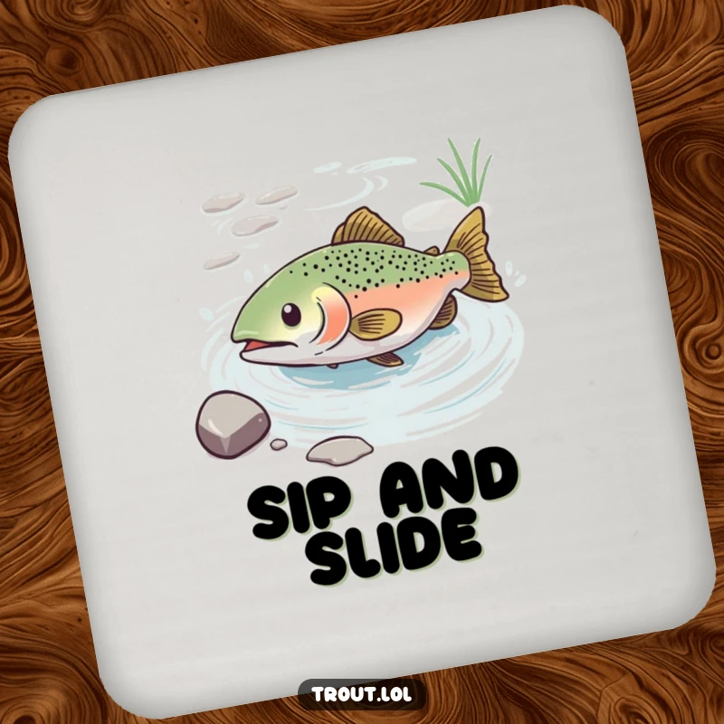 Funny drink coaster featuring a trout with an expression of pure bliss, sliding down a water current, adding calm.