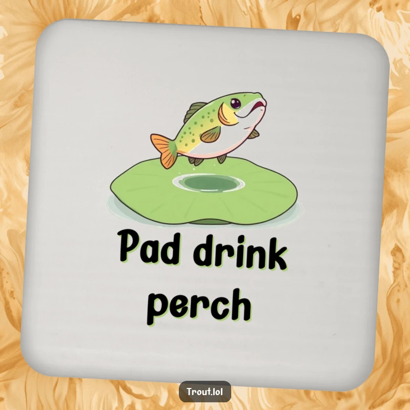 Funny drink coaster featuring a trout bouncing on a lily pad, adding a playful and whimsical touch to any table.