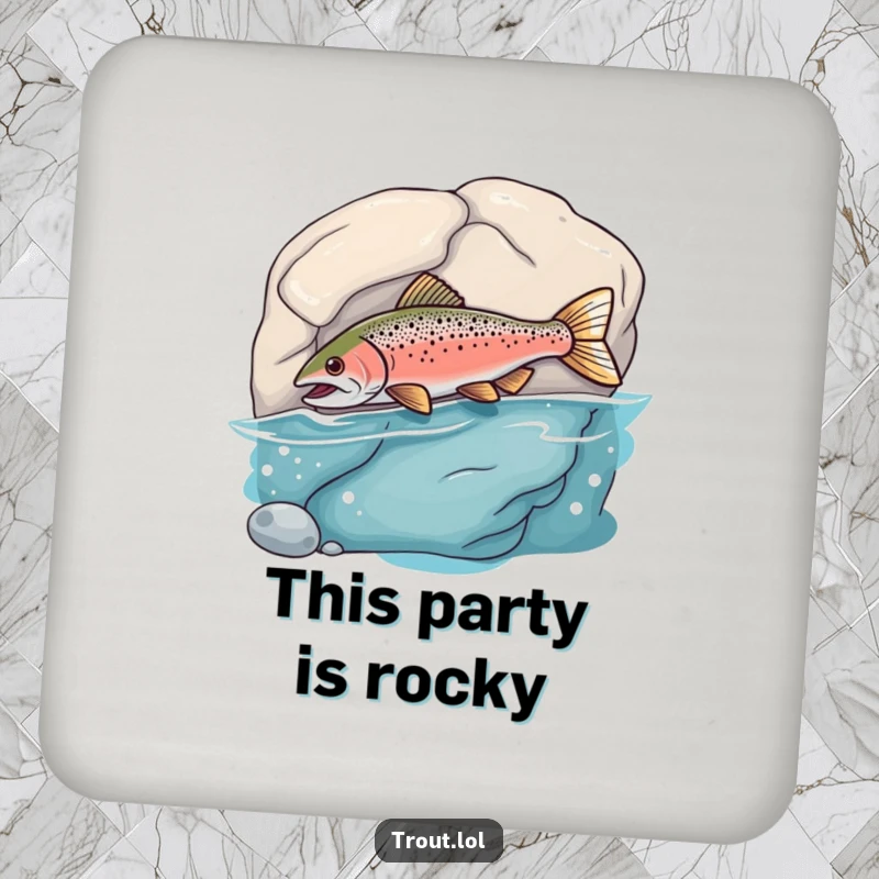 Funny Drink Coaster featuring a trout comically bumping into a rock, adding a humorous and protective element to tabletops.