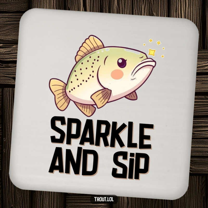 Funny Kawaii Trout Coaster featuring a playful fish chasing a shimmering light, a humorous drink accessory.