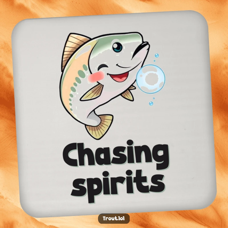 Funny drink coaster featuring a grinning trout playfully chasing a shimmering bubble, perfect for adding humor to surfaces.
