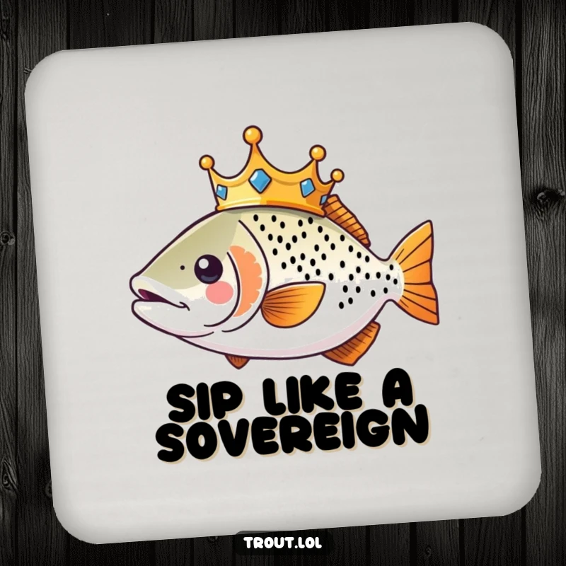 Funny Kawaii Trout Coaster featuring a crowned trout swimming regally, a humorous drink accessory.