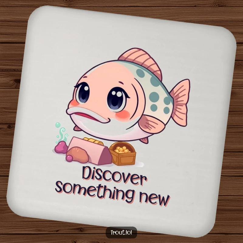 Funny coasters with a curious kawaii trout looking at sunken treasure, perfect for protecting surfaces during gatherings.