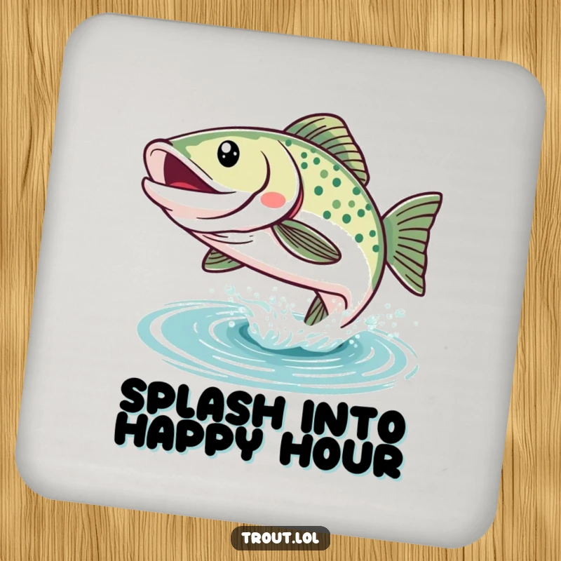 Funny Kawaii Trout Coasters: Happy trout with wide smiles leap from the water, offering surface protection with aquatic charm and humor.