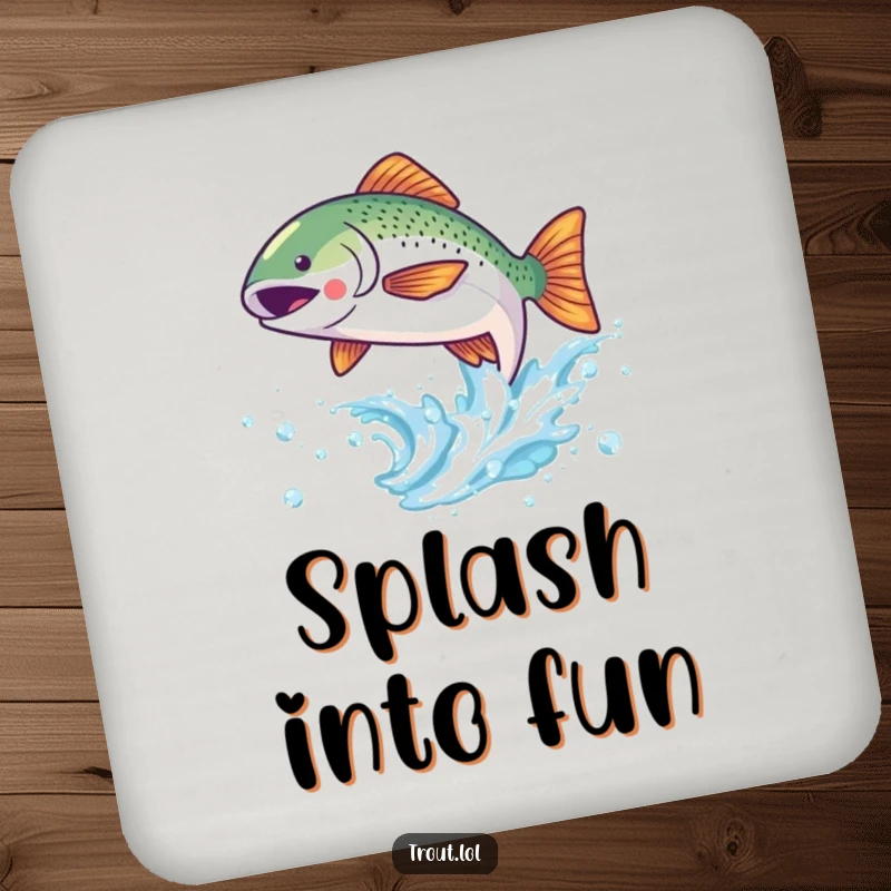 Funny coaster with a cute kawaii trout joyfully leaping from a sparkling wave, adding charm to surfaces.