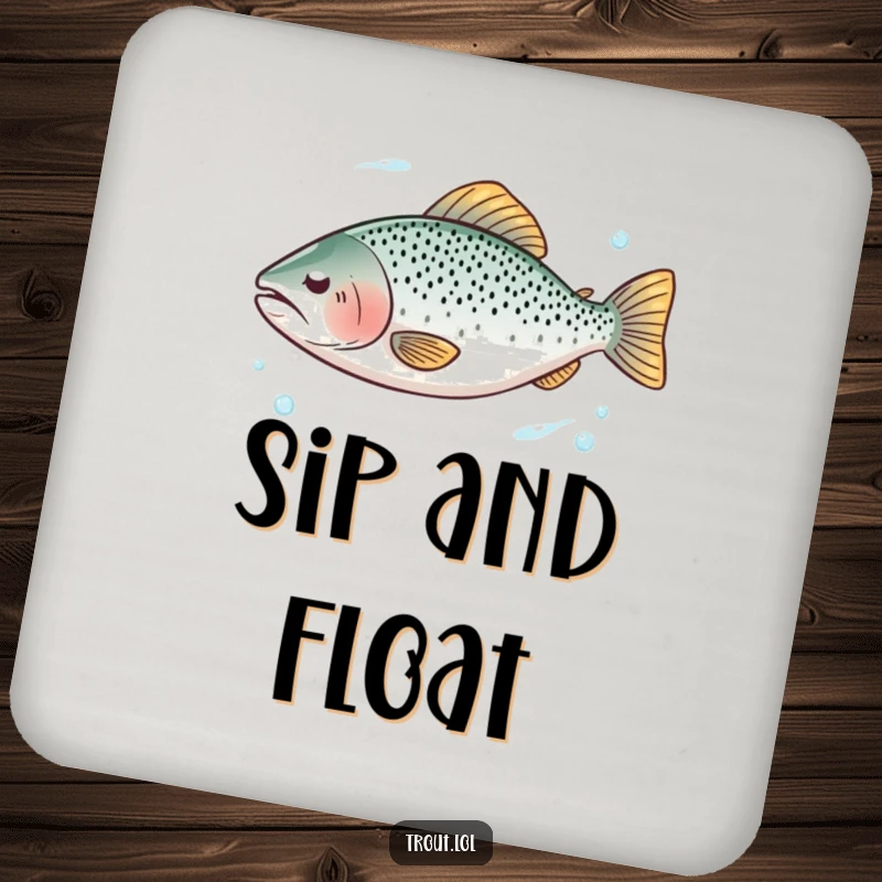 Funny drink coasters featuring a trout with closed eyes floating serenely in clear water, adding calm to drinks.