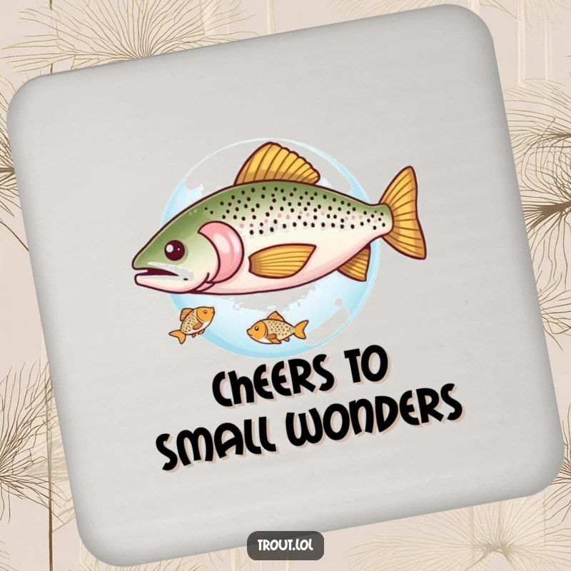 Funny drink coasters featuring a trout sharing a tiny bubble with a smaller fish, offering humorous and heartwarming protection for surfaces.