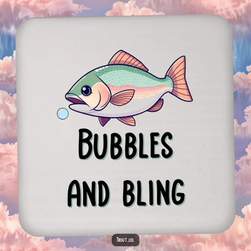 Funny drink coasters featuring a trout with sparkly scales playfully chasing a bubble, adding charm to any drink.