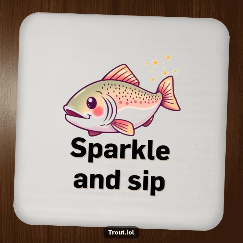 Funny drink coaster depicting a trout in a happy swirl, leaving a trail of sparkles, adding a touch of magic to your table.