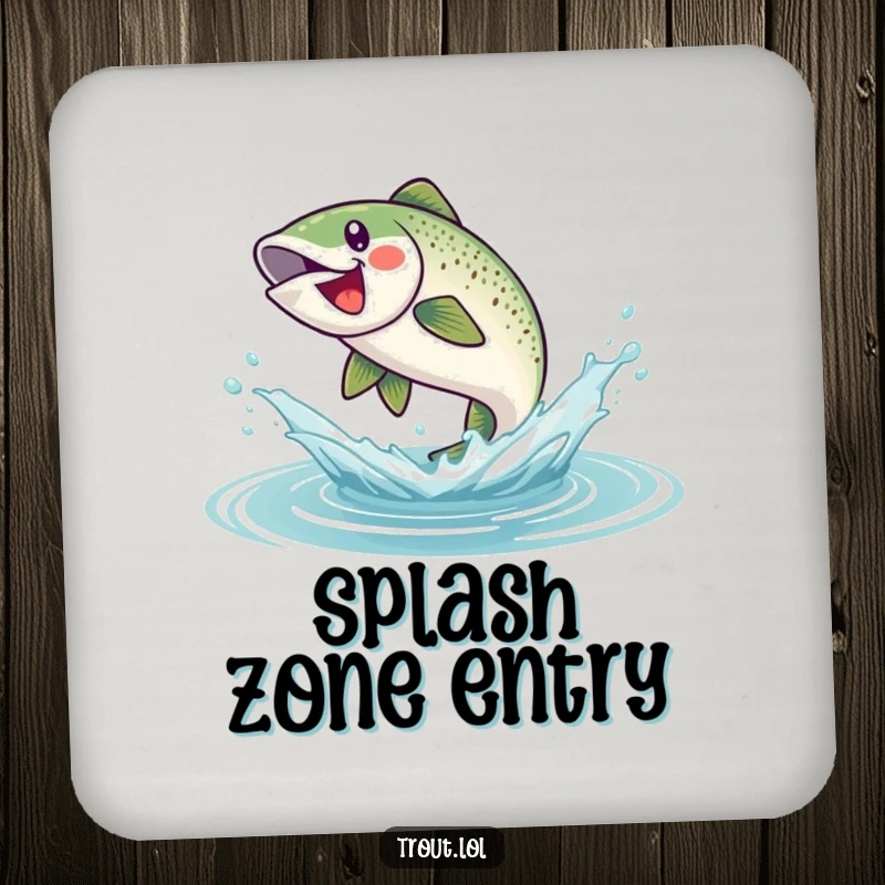 Funny drink coaster set featuring a trout mid-splash, adding a humorous and protective element to any table setting.