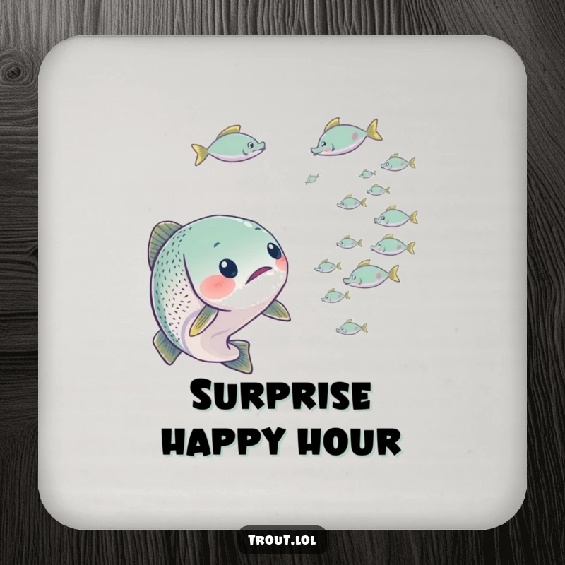 Funny drink coaster depicting a trout looking surprised by tiny fish, adding a touch of comical disbelief to your table.