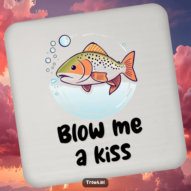 Funny drink coaster featuring a trout underwater blowing a stream of bubbly rings, adding a touch of humor to surfaces.