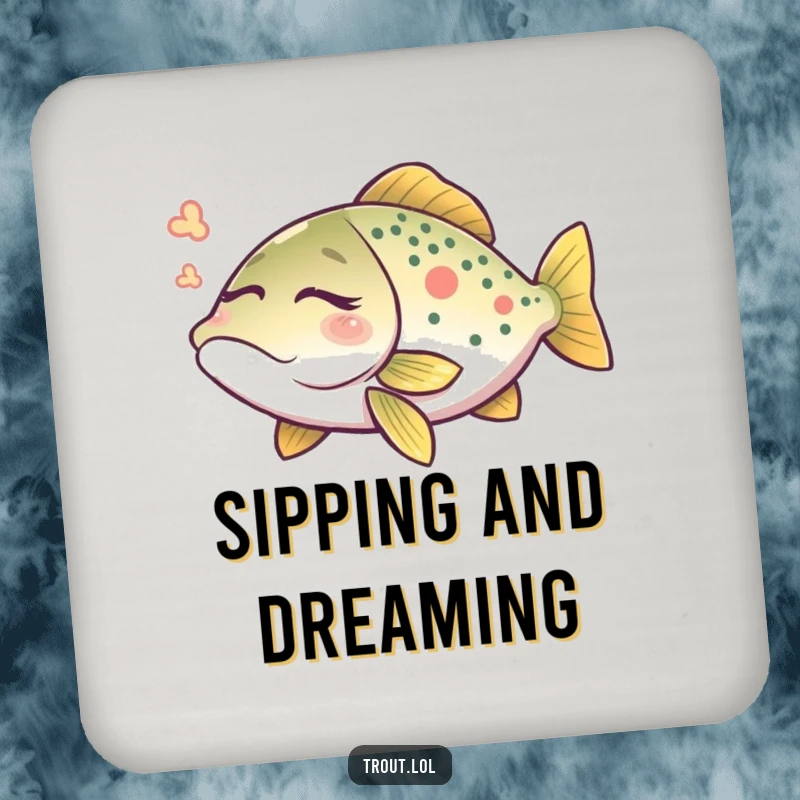 Funny trout dream drink coaster featuring a peaceful trout dreaming with closed eyes, protecting surfaces with calm.