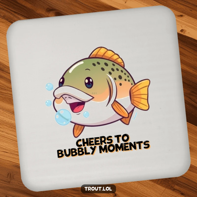 Funny drink coaster with a trout making a comical face with bubbles, offering surface protection with a humorous and aquatic twist.