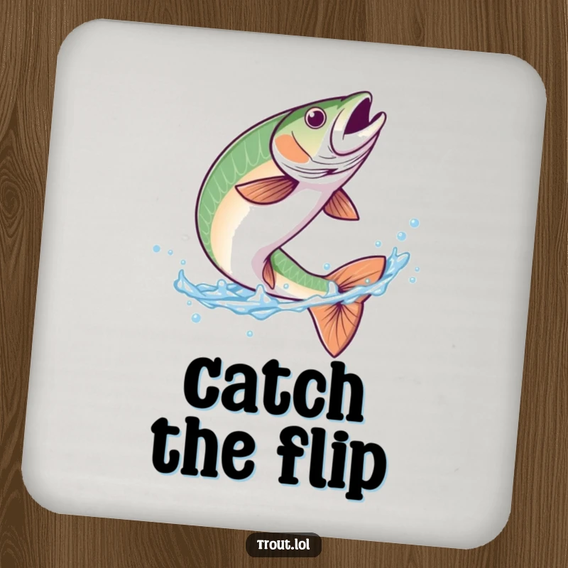 Funny drink coaster depicting a trout performing a graceful flip in clear blue water, adding a splash of humor to your table.