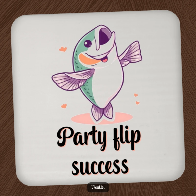 Funny drink coaster showcasing a trout doing a celebratory flip, adding a humorous aquatic flair to protect tables from drink rings.