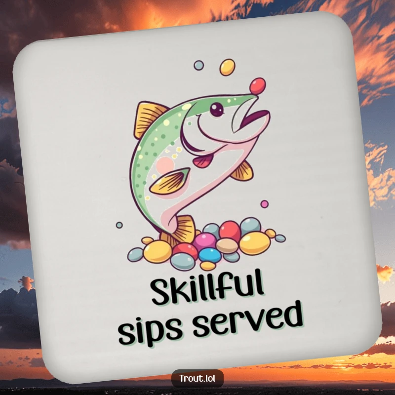 Funny drink coaster depicting a trout juggling colorful pebbles with its fins, adding a humorous and skillful touch to your table.