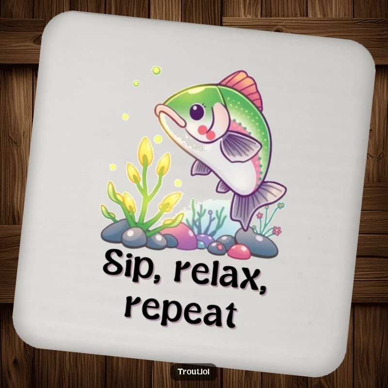 Funny Trout Coaster: A protective coaster with a humorous image of a trout reaching for a glowing underwater plant.