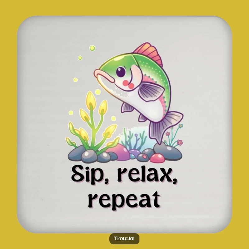 Funny Trout Reaching for Plant Drink Coaster: Protect Surfaces with Laughs