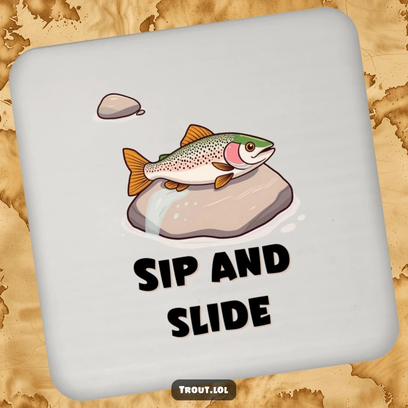 Funny drink coaster featuring a trout sliding down a river rock, adding a humorous and protective element to tables.