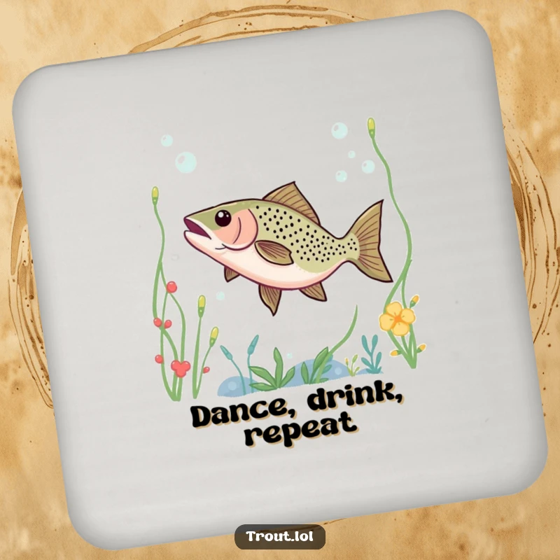 Funny drink coaster featuring a trout dancing through underwater plants, adding a humorous and protective element to tables.