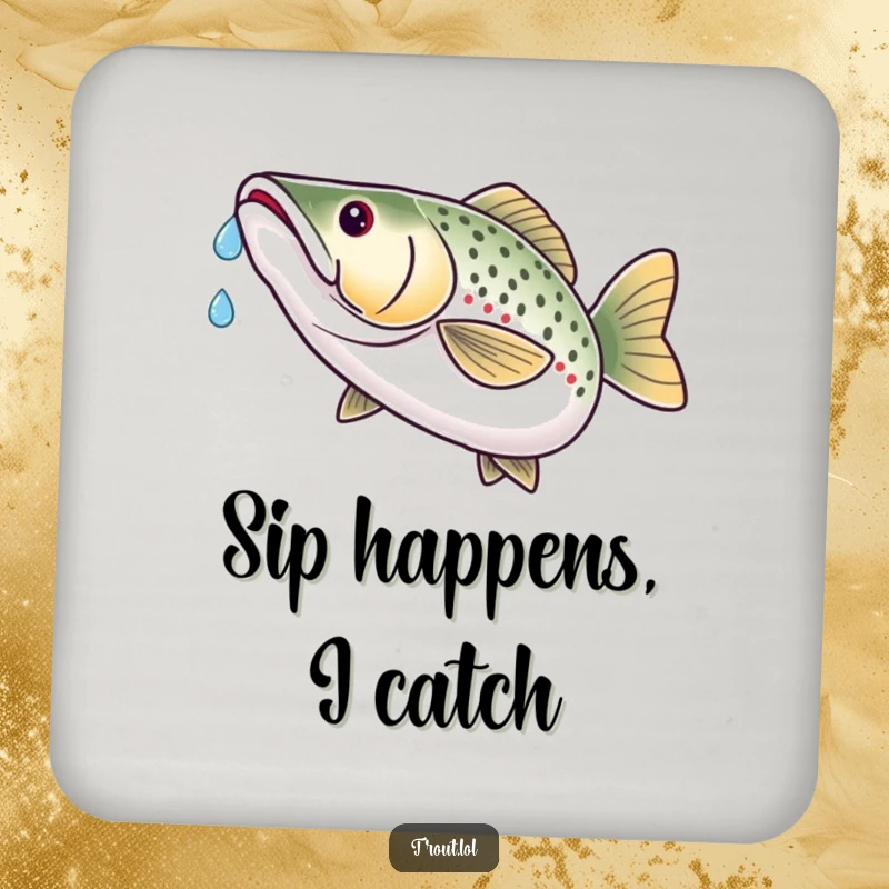 Funny drink coasters illustrating a trout humorously catching a water droplet on its nose with a pleased expression.