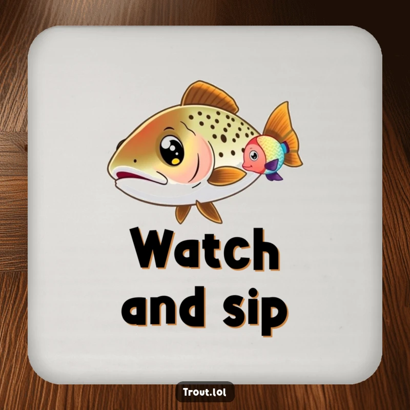 Funny Wide-Eyed Trout Coasters featuring a trout with wide eyes, curiously watching a colorful fish swim by, protecting surfaces with gentle humor.