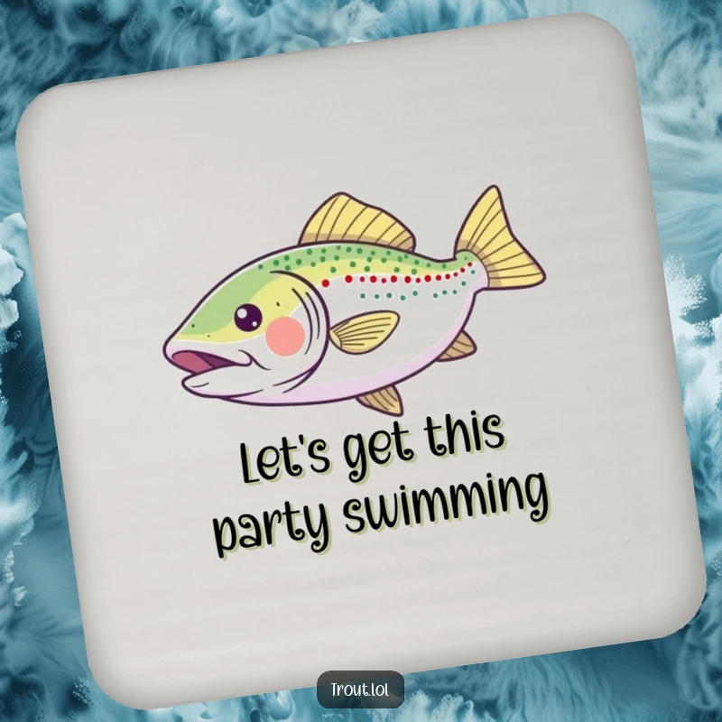 Funny Drink Coaster featuring a joyful trout gliding smoothly, fins outstretched, protecting surfaces with a touch of humor.