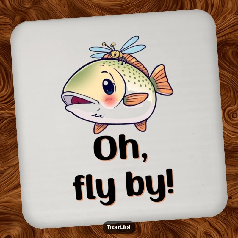 Funny Surprised Kawaii Trout Coaster featuring a shocked fish reacting to a dragonfly, a humorous drink accessory.