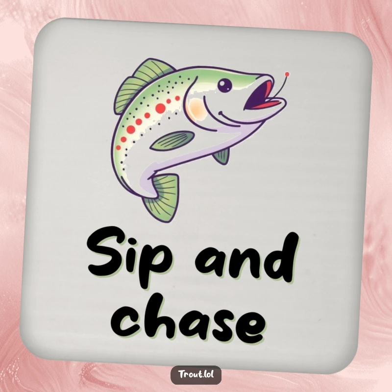 Funny drink coasters featuring a trout eagerly chasing a minnow, adding a humorous and dynamic element to table settings while preventing damage.