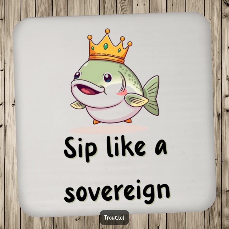 Funny coaster with a smug trout wearing a tiny crown, adding regal charm to any surface.