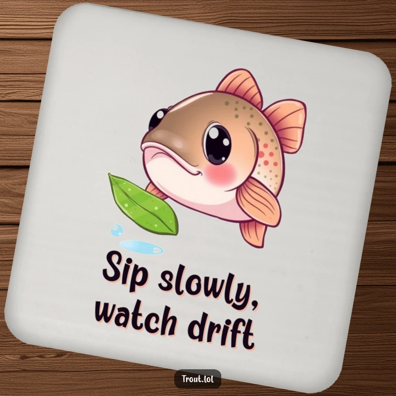 Funny drink coasters with a trout's curious, wide eyes fixated on a floating leaf, offering humorous protection for surfaces from beverage condensation.