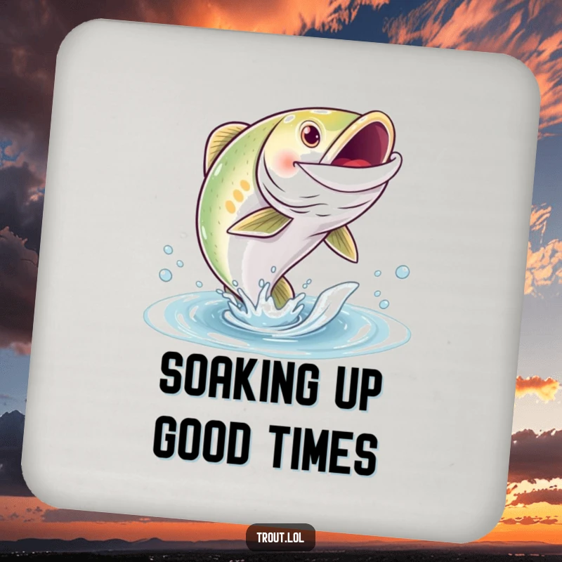 Funny drink coaster with a grinning trout character leaping out of the water, adding a splash of fun and protection.