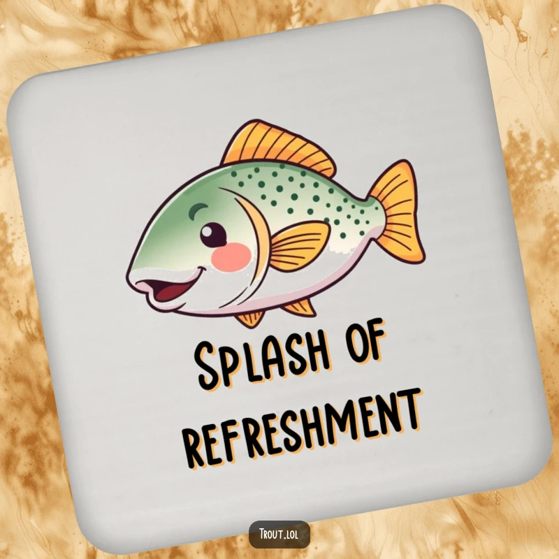 Funny kawaii trout coasters, set of 4, with a happy fish doing a tail wiggle, protecting surfaces with humor, a funny gift.