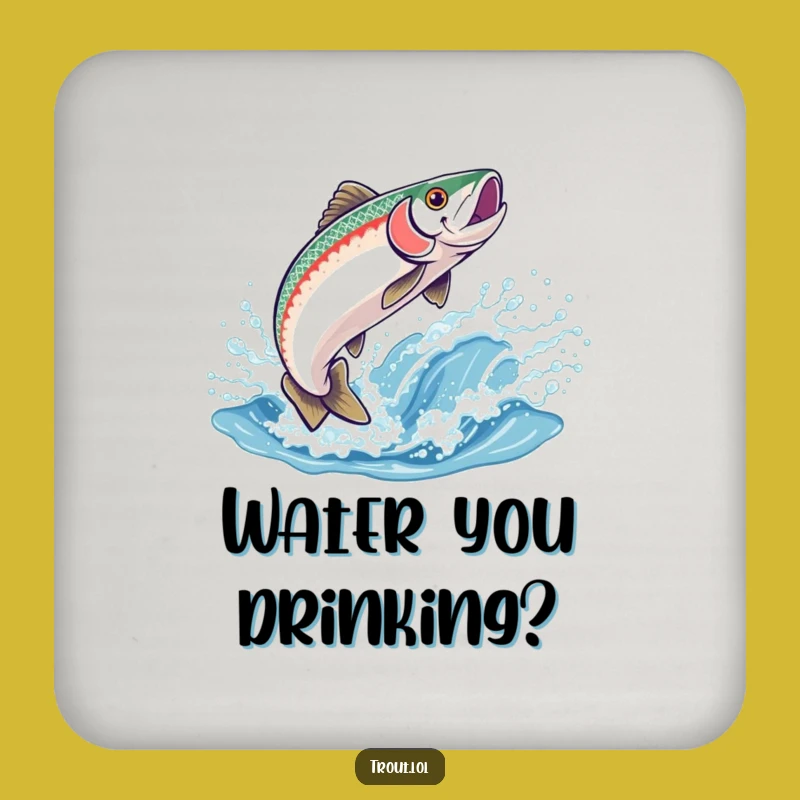 Funny Trout Leap Drink Coaster: Joyful Fish Jumping into Sparkling Wave - Protects Surfaces