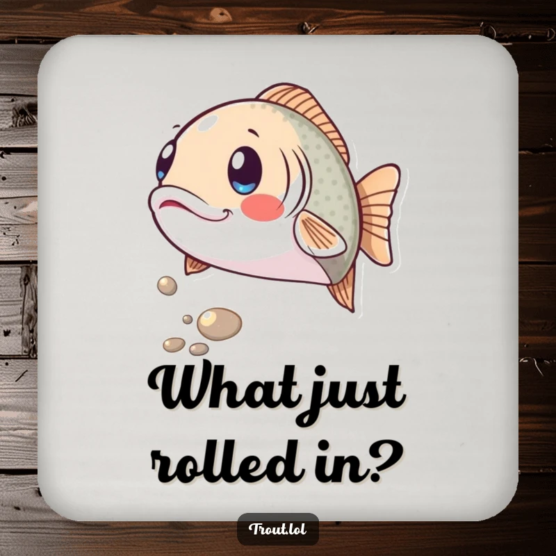Funny drink coasters featuring a trout with a surprised expression as a shiny pebble rolls by, offering humorous protection for surfaces.