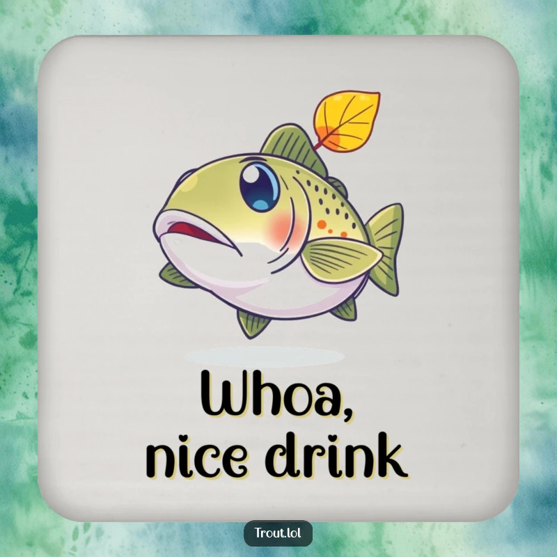 Funny coaster featuring a trout with comically wide, surprised eyes watching a falling leaf.