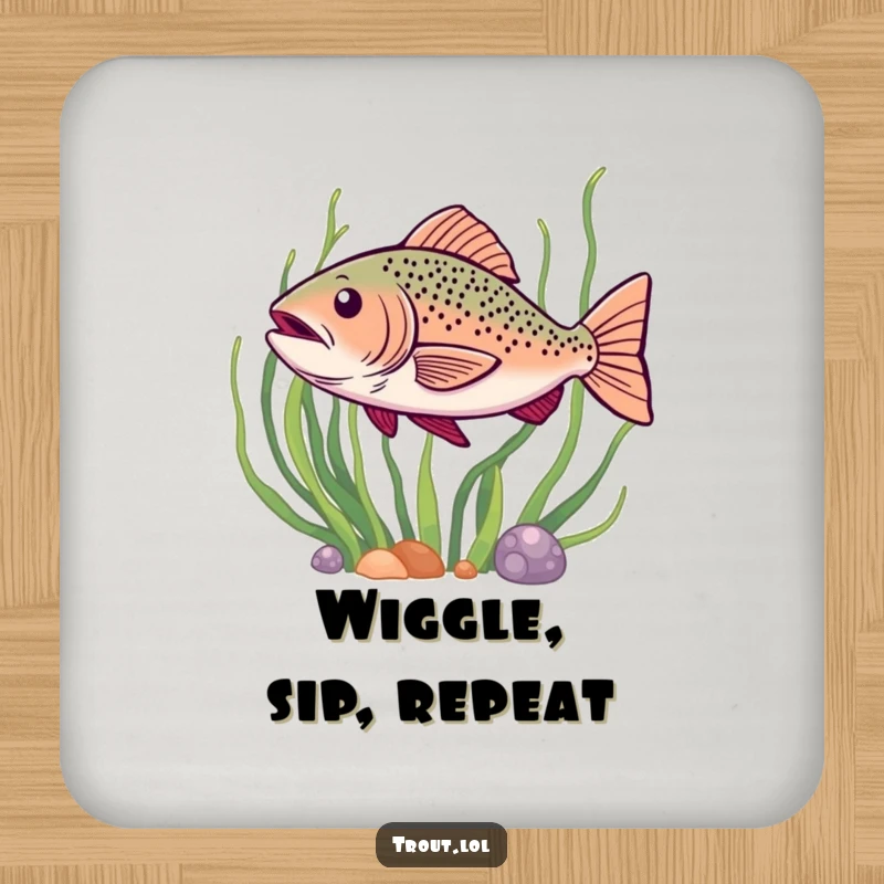 Funny drink coasters featuring a trout doing a happy wiggle as it swims past seaweed, adding fun to drinks.