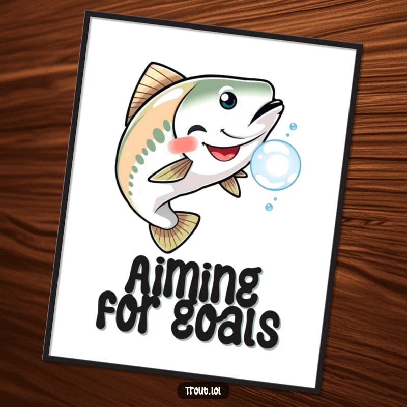 Funny poster art of a grinning trout playfully darting after a solitary, shimmering bubble, perfect for whimsical decor.