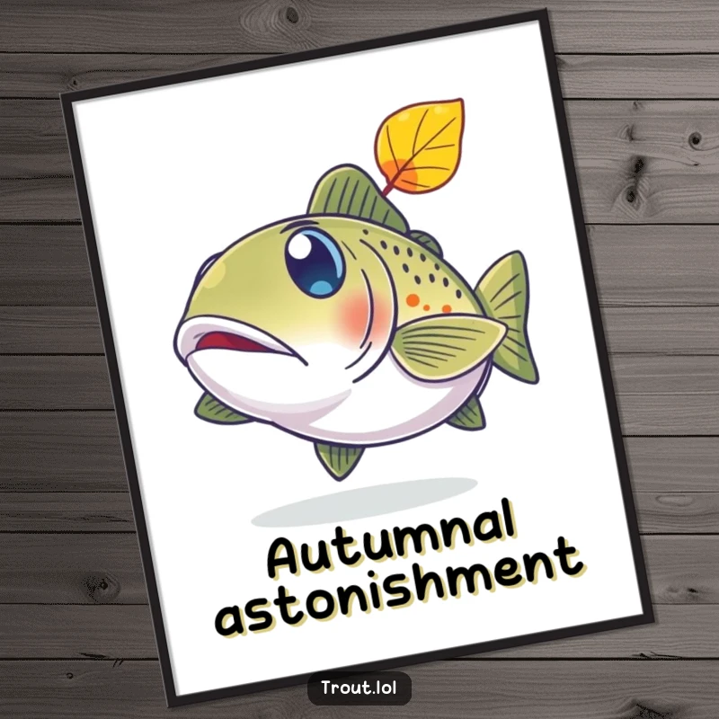 Funny poster art of a trout with wide, surprised eyes watching a leaf descend from above.
