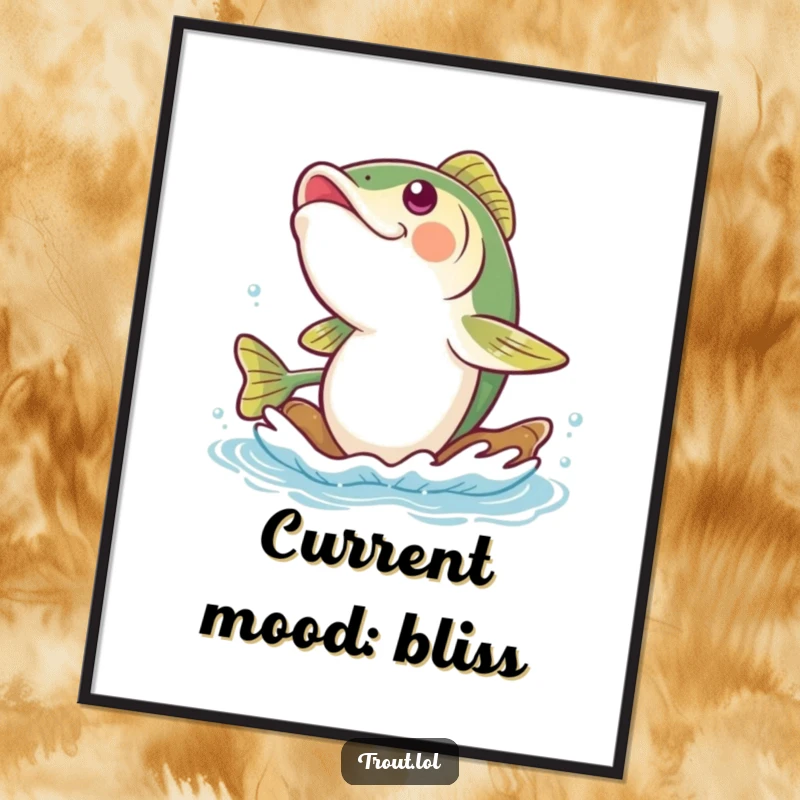Funny trout poster illustrating a gleeful trout caught in a fit of silent giggles while drifting peacefully on a gentle flowing river.