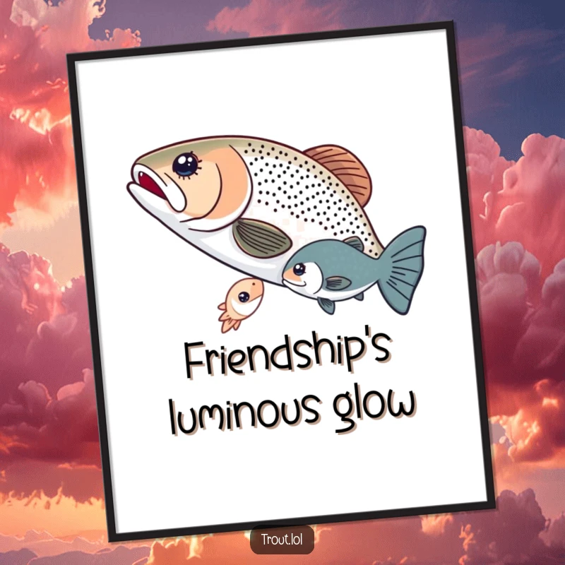 Funny poster capturing two trout sharing a glowing microorganism underwater, a beautiful scene celebrating friendship and aquatic connection.