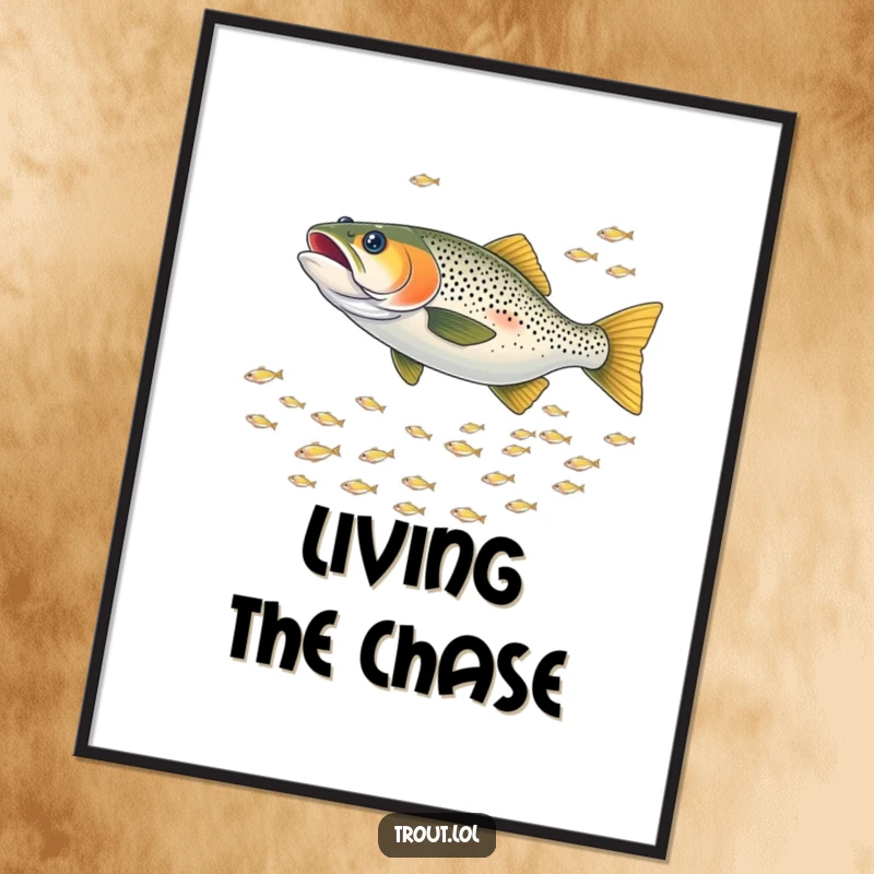 Funny poster showcasing a trout energetically chasing a shimmering school of tiny fish, creating a scene of underwater excitement.