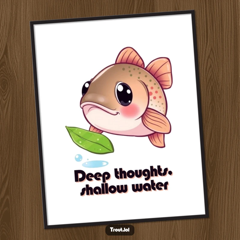 Funny poster art of a trout with exceptionally wide, curious eyes, staring intently at a single floating leaf, a humorous and charming nature scene.