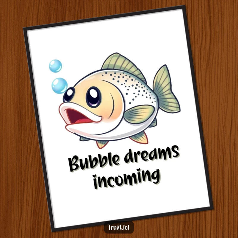 Funny poster of a trout’s wide, excited eyes fixated on a shimmering bubble, adding playful energy to decor.