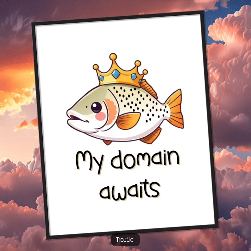 Funny Kawaii Trout Poster featuring a crowned trout swimming with regal flair, a humorous art piece.