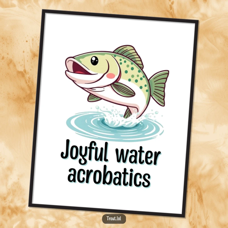 Funny Kawaii Trout Poster: A happy trout with a wide smile leaps from the water, creating joyful and humorous aquatic wall art.