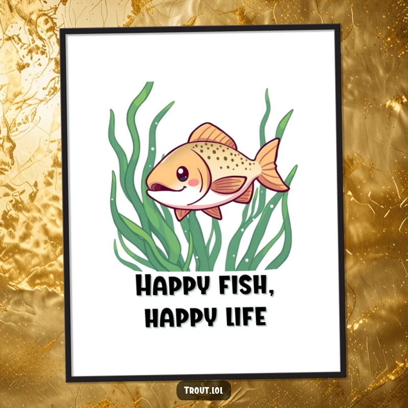 Funny poster depicting a happy kawaii trout with a wide grin, swimming joyfully through detailed, green seaweed in an underwater setting.