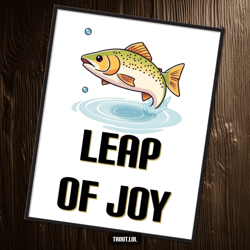 Funny poster art of a small trout happily leaping from the water, with a dramatic splash and water droplet.