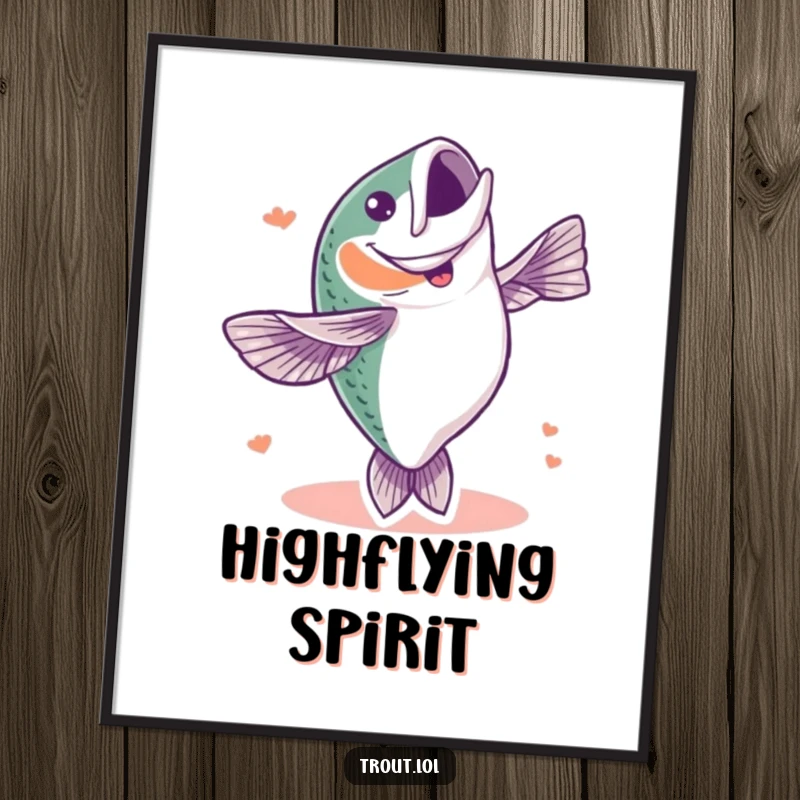 Funny poster print of a trout doing an epic full-body flip, capturing a moment of pure aquatic bliss and celebratory spirit for fishing lovers.